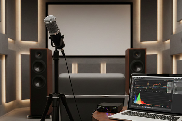 Microphone and audio calibration equipment with home cinema screen in the background. Sonyx.