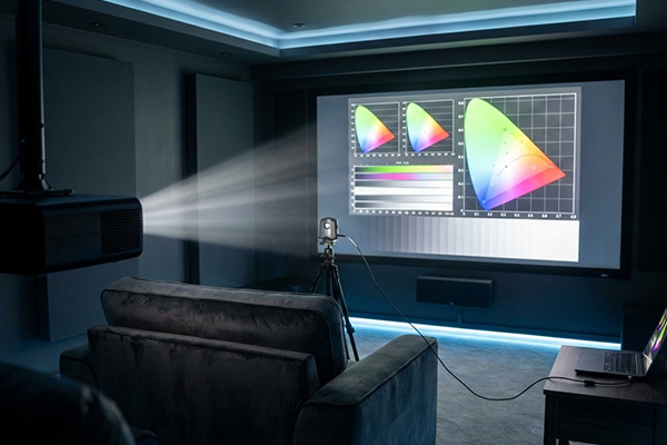 Projector casting an image onto a display showing calibration information. Sonyx.
